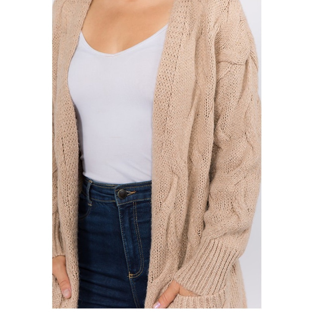 Boho Khaki Beige Chunky Cable Knit Long Cardigan Sweater Duster Coat - Picture 5 of 6